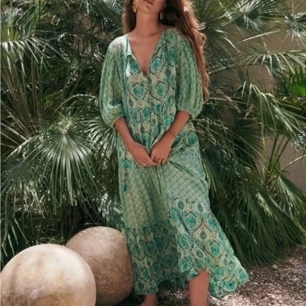 Zara Maxi Dress Green Metallic Gold Tiered Flowy Bohemian Size XS SMALL oversize